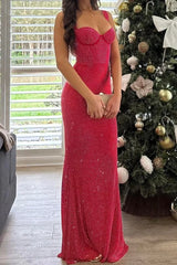 Sparkly Mermaid Sweetheart Red Long Prom Dress with Beading
