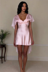 White Satin Mini Homecoming Dress with Deep V-Neck and Delicate Sheer Sleeves