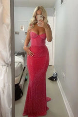 Sparkly Mermaid Sweetheart Red Long Prom Dress with Beading