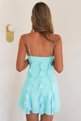 Light Blue Cascade Ruffle Spaghetti Straps Flowy Homecoming Dress
