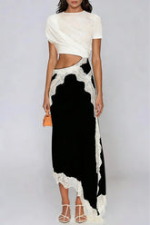 Bess Asymmetric Lace Satin Maxi Dress In Black