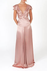 Elegant A Line Deep V Neck Yellow Long Party Dress with Open Back