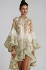Hermokrates Bell Sleeve Print Ruffle Mini Dress