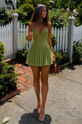 Sage Green Lace Corset Halter Homecoming Dress with Pleated Skirt
