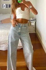 Rhinestone High Rise Straight Jeans