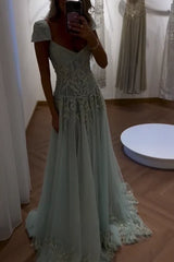 Gorgeous A Line Sweetheart Light Green Long Prom Dress with Appliques