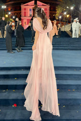 Sweety A Line V Neck Pink Long Prom Dress with Ruffles