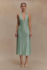 Genie Diamante Halter Midi Dress - Mint