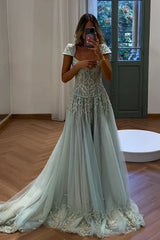 Gorgeous A Line Sweetheart Light Green Long Prom Dress with Appliques