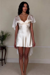 White Satin Mini Homecoming Dress with Deep V-Neck and Delicate Sheer Sleeves