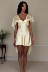 White Satin Mini Homecoming Dress with Deep V-Neck and Delicate Sheer Sleeves