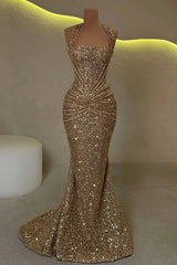Sparkly Mermaid Halter Neck Gold Sequins Long Prom Dress with Ruched