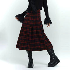 Black and Red Plaid Maxi Skirt for Women – Gothic-Inspired A-Line Skirt