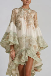 Hermokrates Bell Sleeve Print Ruffle Mini Dress