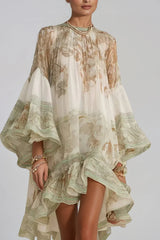 Hermokrates Bell Sleeve Print Ruffle Mini Dress