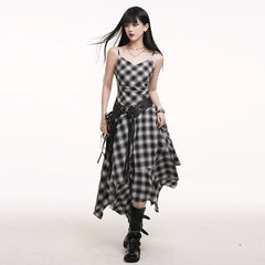 Black and White Plaid Suspender Mini Dress for Women – Asymmetrical A-Line Dress