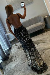 Fully Beaded Prom Dress with Deep V Neck Slit and Open Back