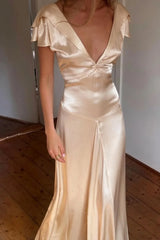 Elegant A Line Deep V Neck Yellow Long Party Dress with Open Back