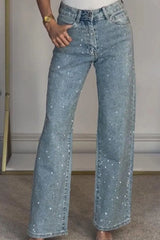 Rhinestone High Rise Straight Jeans