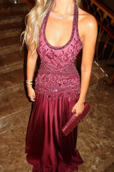 Romantic A Line Halter Neck Burgundy Long Prom Dress with Appliques Beading