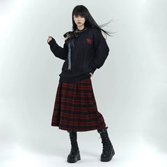 Black and Red Plaid Maxi Skirt for Women – Gothic-Inspired A-Line Skirt