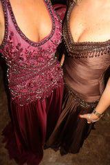 Romantic A Line Halter Neck Burgundy Long Prom Dress with Appliques Beading