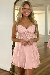 Charming A-Line Sweetheart Lace Top Short Tiered Chiffon Homecoming Dress