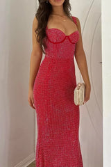 Sparkly Mermaid Sweetheart Red Long Prom Dress with Beading