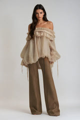 Aneirin Off Shoulder Mesh Ruffle Top