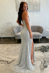 Sparkly Silver Beaded Mermaid Prom Dress with Deep V-Neck and Front Slit