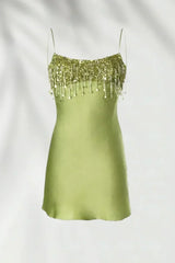Stunning A Line Spaghetti Straps Green Satin Short Homecoming Dress with Taasels