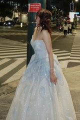 Princess A Line Sweetheart Light Blue Long Prom Dress with Beading