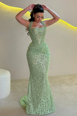 Sparkly Mermaid Halter Neck Gold Sequins Long Prom Dress with Ruched