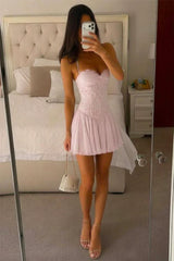 Sweet Lace Corset Spaghetti Straps Short Homecoming Dress with Chiffon Skirt