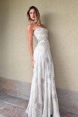 Charming A Line Spaghetti Straps White Long Prom Dress with Beading