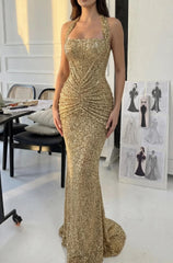 Sparkly Mermaid Halter Neck Gold Sequins Long Prom Dress with Ruched