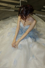 Princess A Line Sweetheart Light Blue Long Prom Dress with Beading