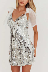 Tie-up Low Cut Sequin Mini Dress