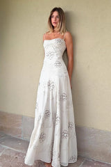 Charming A Line Spaghetti Straps White Long Prom Dress with Beading