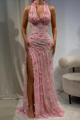 Gorgeous Mermaid Halter Neck Green Long Party Dress with 3D Flowers