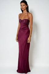 Davlat Halter Neck Sequin Satin Maxi Dress In Purple