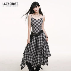 Black and White Plaid Suspender Mini Dress for Women – Asymmetrical A-Line Dress