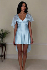 White Satin Mini Homecoming Dress with Deep V-Neck and Delicate Sheer Sleeves