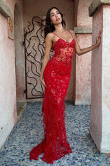 Hot Mermaid Spaghetti Straps Red Long Prom Dress with Embroidery