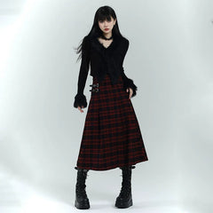 Black and Red Plaid Maxi Skirt for Women – Gothic-Inspired A-Line Skirt