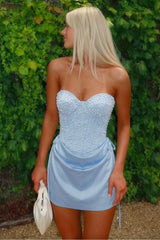 Trendy Sweetheart Pearl Corset Mini Homecoming Dress with Ruched Skirt