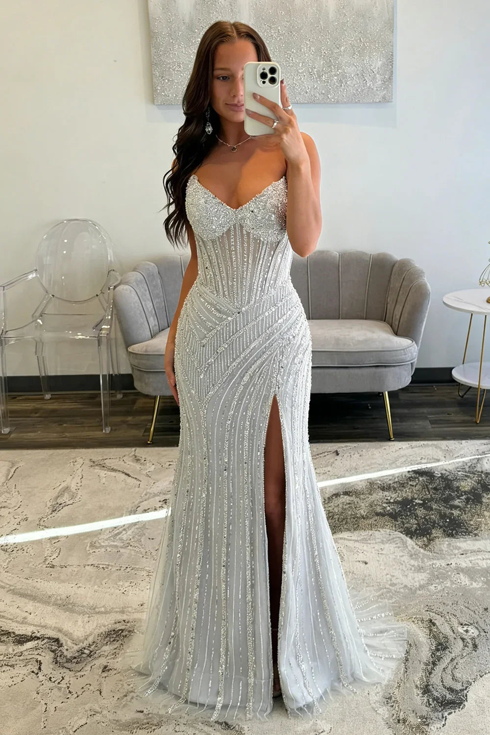 Sparkly Silver Beaded Mermaid Prom Dress with Deep V-Neck and Front Slit