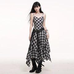 Black and White Plaid Suspender Mini Dress for Women – Asymmetrical A-Line Dress