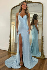 Gorgeous Light Blue Beaded Halter Mermaid Prom Dress With Pearls and Slit