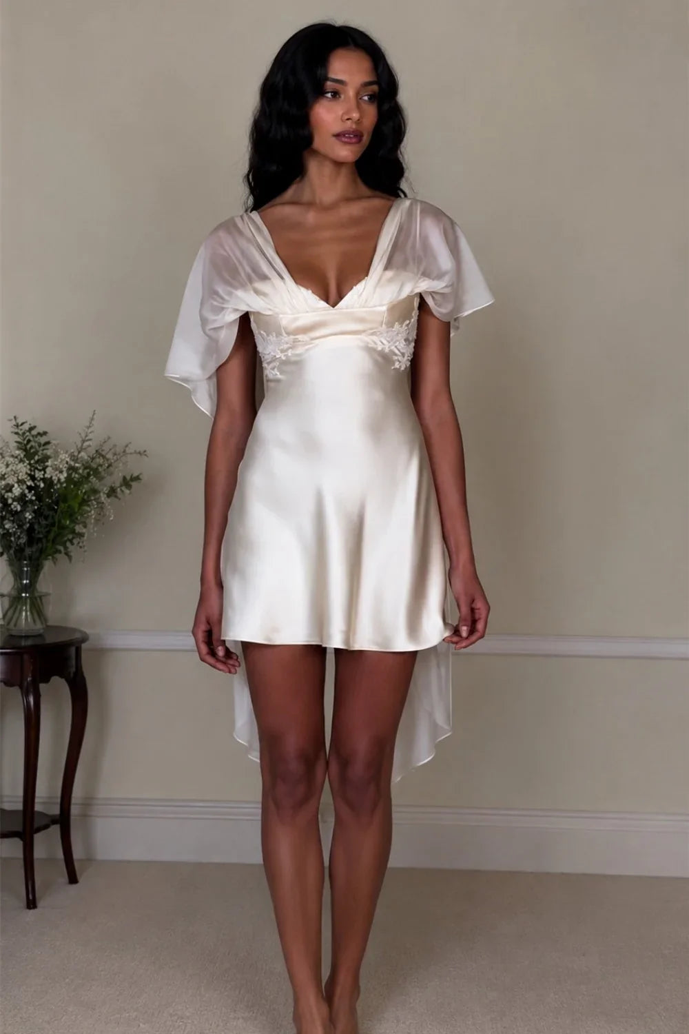 White Satin Mini Homecoming Dress with Deep V-Neck and Delicate Sheer Sleeves